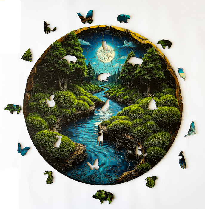 Moon night - moss - Wooden Jigsaw Puzzle