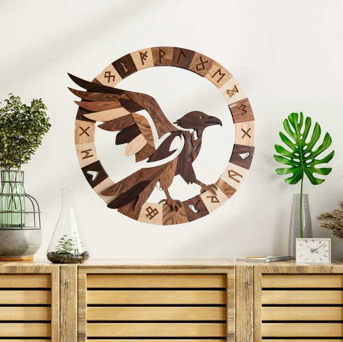 Wooden UV printed poster - Raven Huginn - wooden style