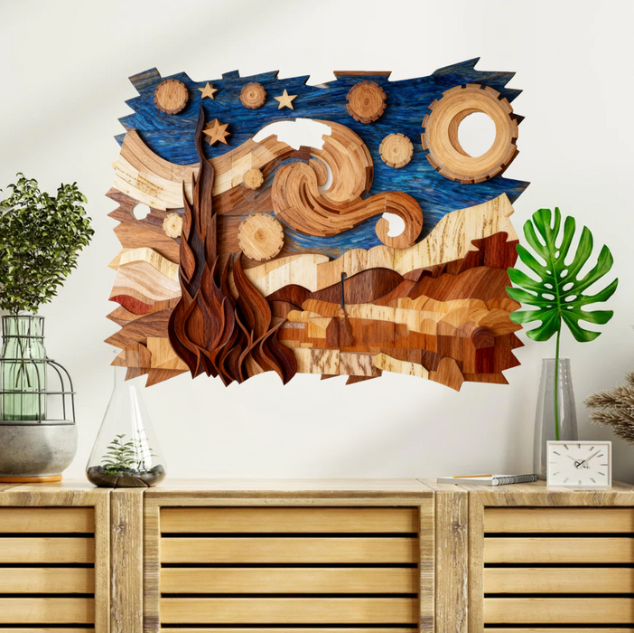 Wooden UV printed poster - Starry Night van Gogh - wooden style
