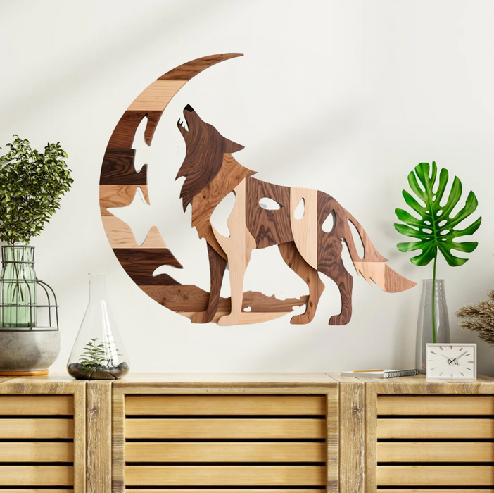 Wooden UV printed poster - Moon and wolf - wooden style