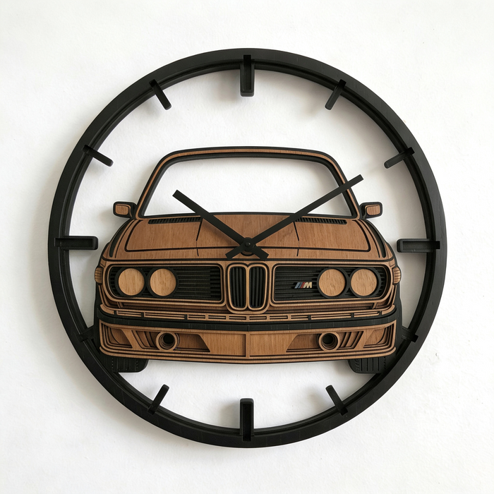 E 30 – Handgefertigte 3D Eichenholz Wanduhr | 30cm | 50cm | 84cm