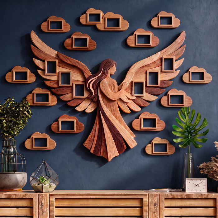Großes Foto-Wandcollage aus Holz - Engel und Wolken