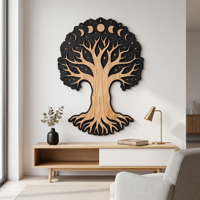 Wanddekoration aus echtem Natureichenholz – Baum der Mondphasen
