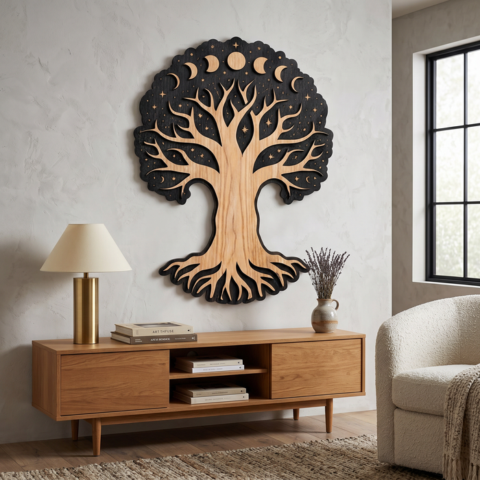 Wanddekoration aus echtem Natureichenholz – Baum der Mondphasen