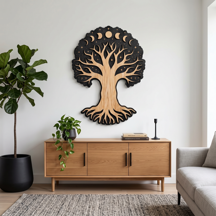 Wanddekoration aus echtem Natureichenholz – Baum der Mondphasen