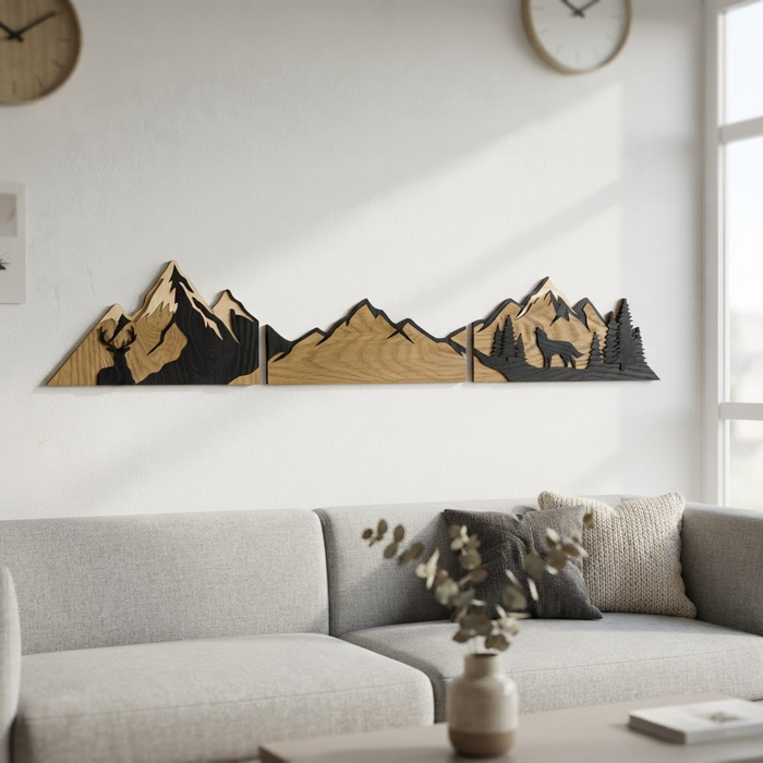 Décoration murale en chêne naturel massif – Montagnes et paysage