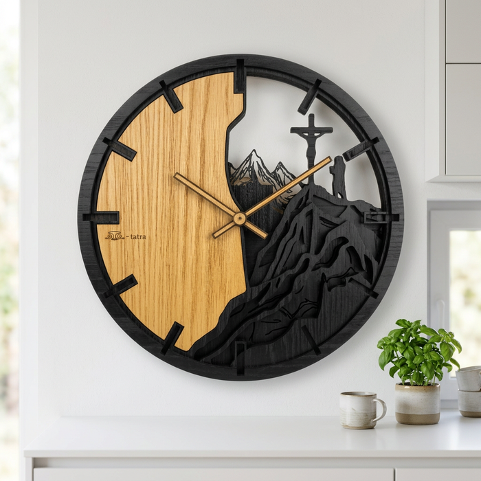 3D eikenhouten klok Bergen en Kruis 30cm-50cm-84cm
