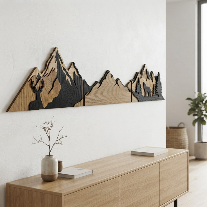 Décoration murale en chêne naturel massif – Montagnes et paysage