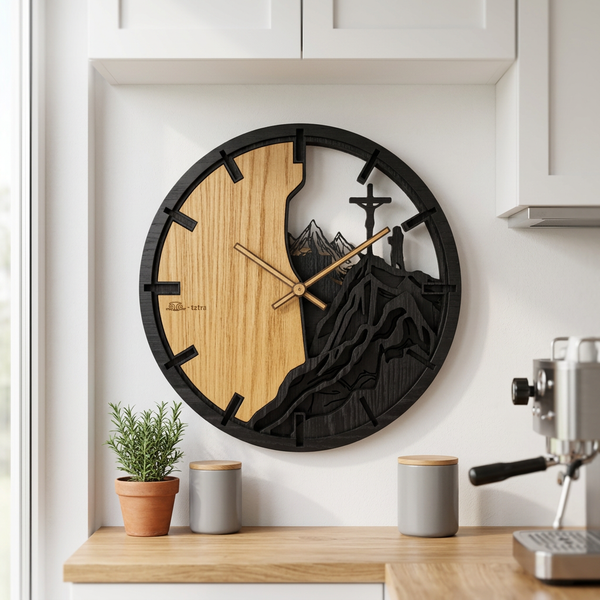 3D eikenhouten klok Bergen en Kruis 30cm-50cm-84cm