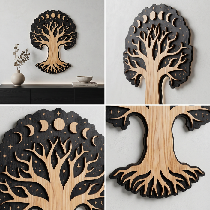 Wanddekoration aus echtem Natureichenholz – Baum der Mondphasen