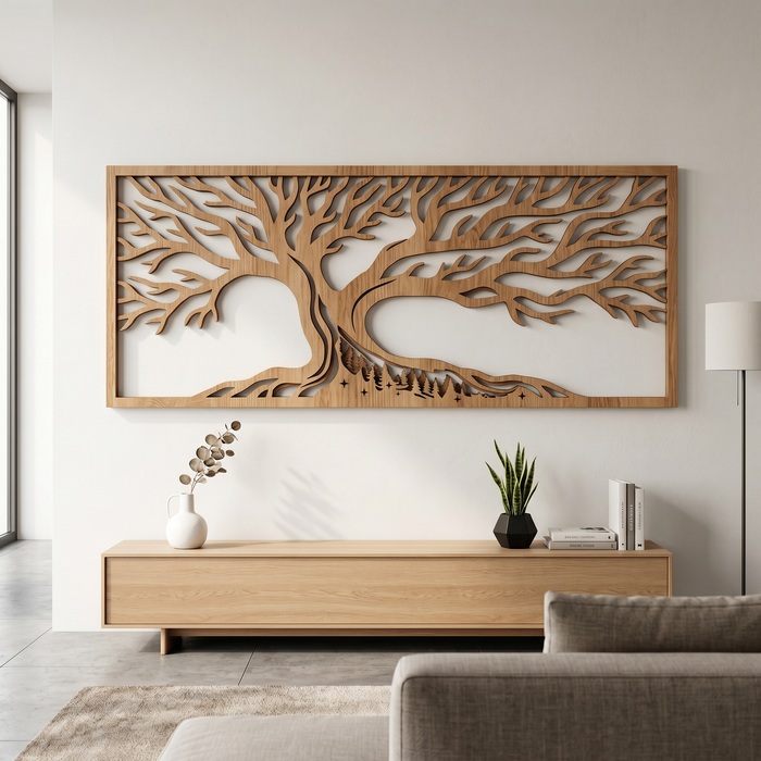 Décoration murale en bois de chêne véritable – Arbre de la forêt Mero Brun