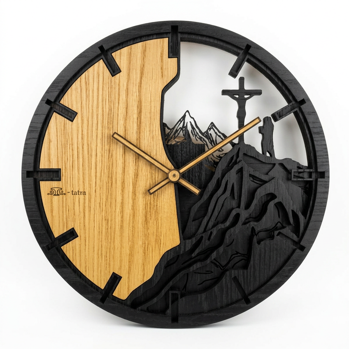 3D eikenhouten klok Bergen en Kruis 30cm-50cm-84cm