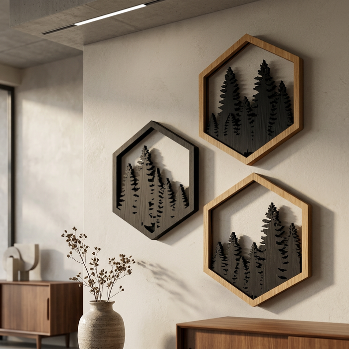 Décoration murale en chêne naturel massif – 3 Hexagon Skvirk