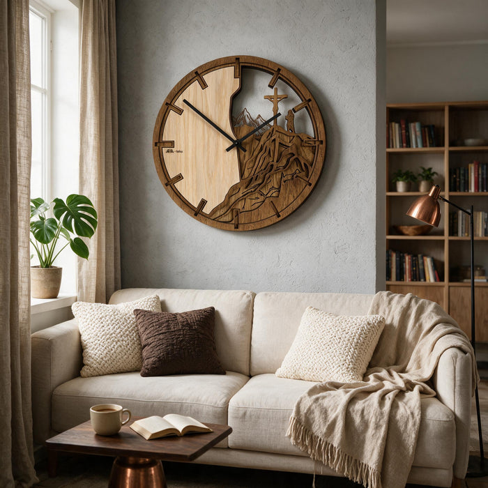 3D Dubové drevené hodiny Hory a Kríž 30cm-50cm-84cm Atama