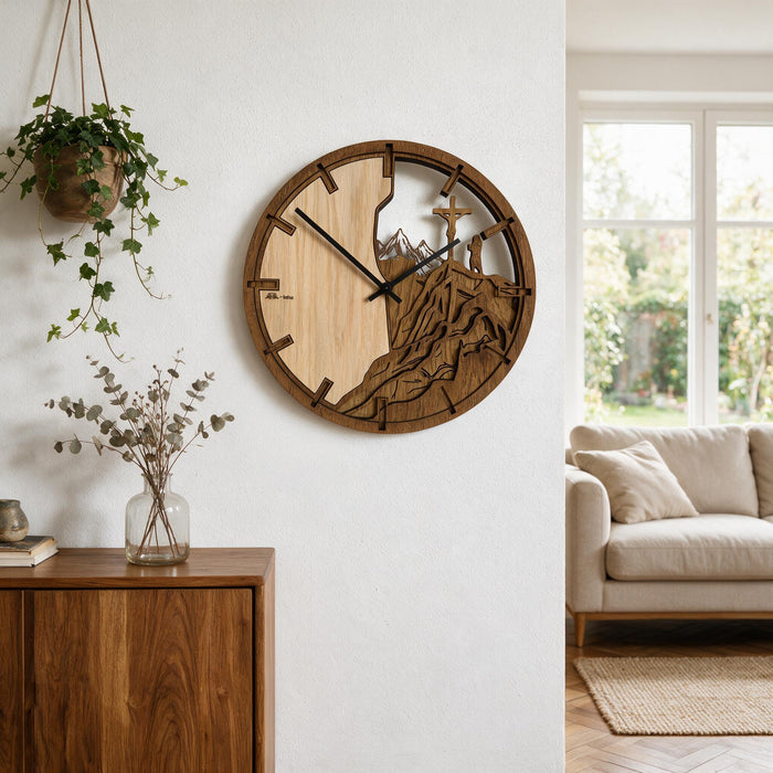 3D Dubové drevené hodiny Hory a Kríž 30cm-50cm-84cm Atama