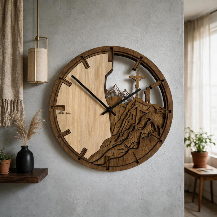 3D Dubové drevené hodiny Hory a Kríž 30cm-50cm-84cm Atama