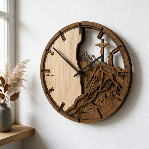 3D Dubové drevené hodiny Hory a Kríž 30cm-50cm-84cm Atama
